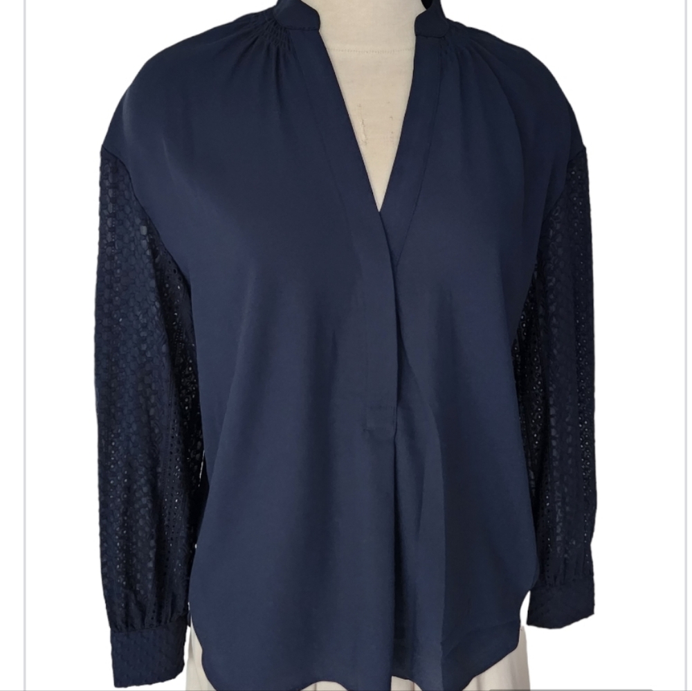 Club Monaco Navy Blue Lace Sleeve Blouse - Picture 5 of 14